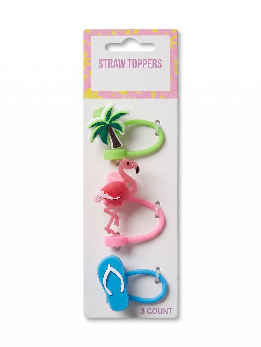 Festive Voice Silicone Straw Toppers Set of 3 - Tropical Palm Tree Flamingo Flip